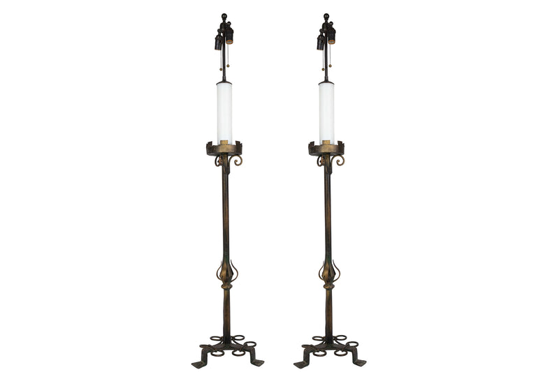 Patinated Iron Candlestick Lamps With Footed Bases, Italy 19th C