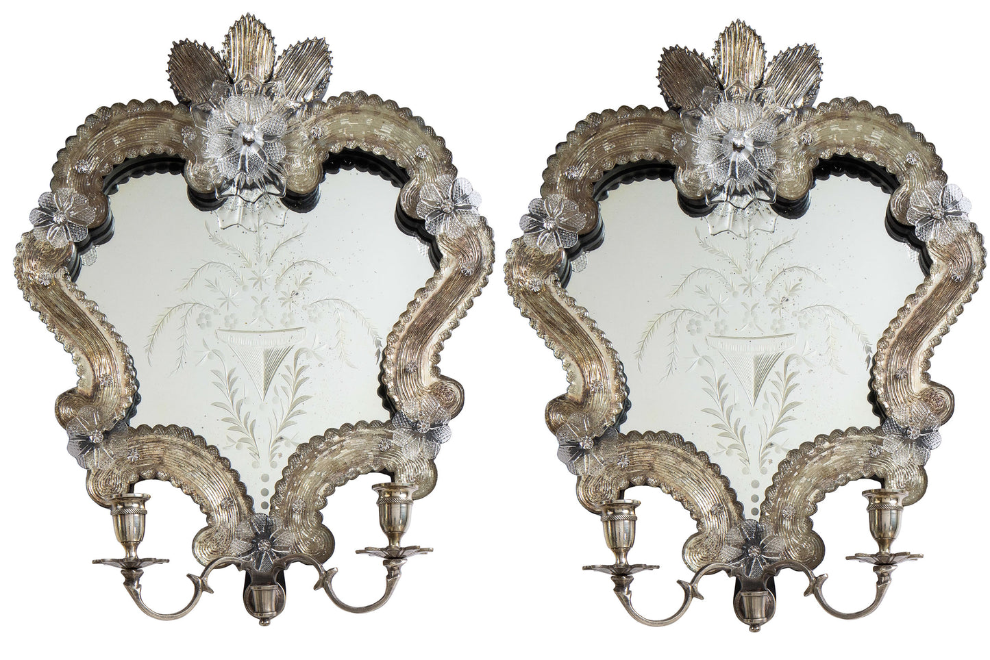 Venetian Mirrored And Silver Two Light Sconces, Italy 20th Century