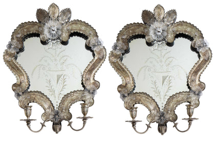 Venetian Mirrored And Silver Two Light Sconces, Italy 20th Century