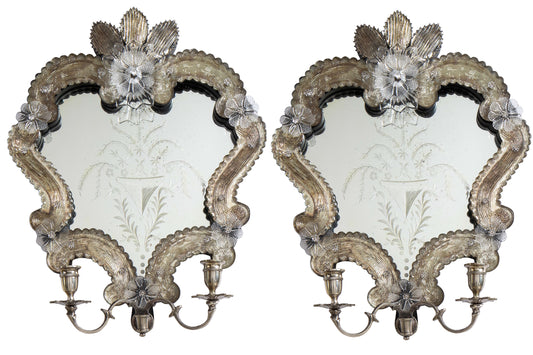 Venetian Mirrored And Silver Two Light Sconces, Italy 20th Century