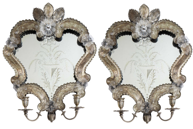 Venetian Mirrored And Silver Two Light Sconces, Italy 20th Century