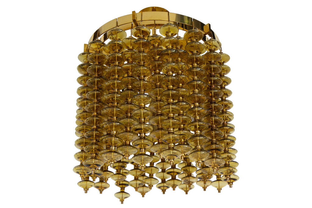 Polished Brass And Amber Roundel Glass Six Light Pendant By "ARN Default
