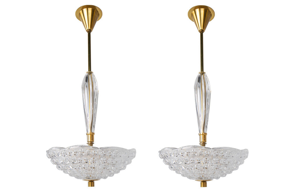 Molded Glass And Brass Pair ORREFORS Four Light Pendants By CARL Default