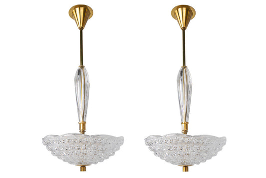 Molded Glass And Brass Pair ORREFORS Four Light Pendants By CARL Default