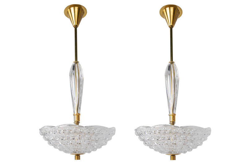Molded Glass And Brass Pair ORREFORS Four Light Pendants By CARL