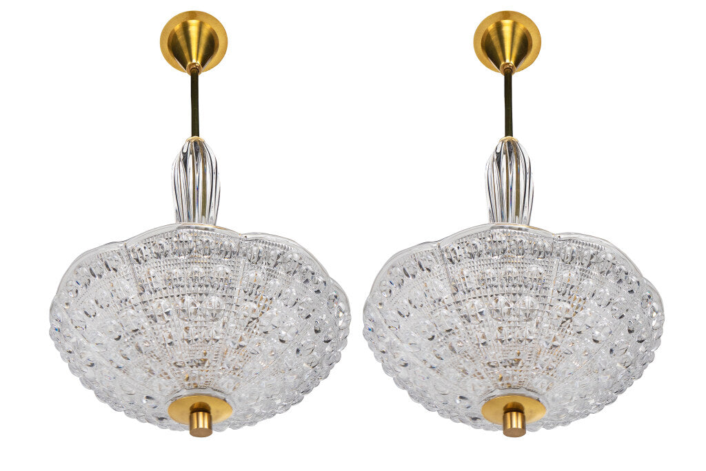 Molded Glass And Brass Pair ORREFORS Four Light Pendants By CARL Default