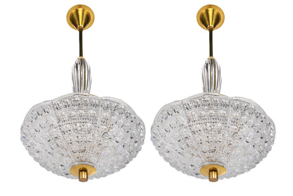 Molded Glass And Brass Pair ORREFORS Four Light Pendants By CARL Default