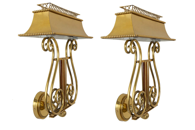 Polished Brass And Amber Glass Lyre Motif Two Light Sconces With
