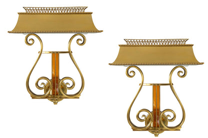 Polished Brass And Amber Glass Lyre Motif Two Light Sconces With Default