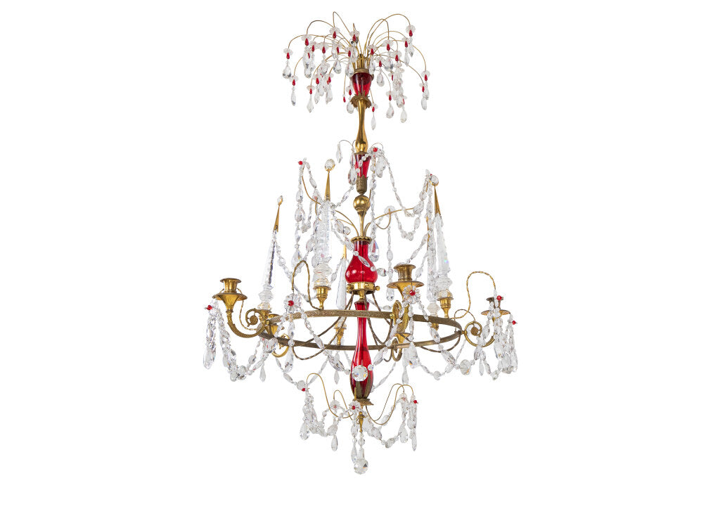 Fire Gilt Bronze, Cranberry Glass And Crystal Five Light Russian Default