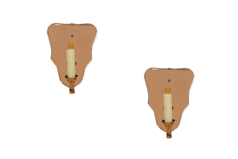 Mirror And Copper Peach Colored One Light Sconces, Italy  20th C