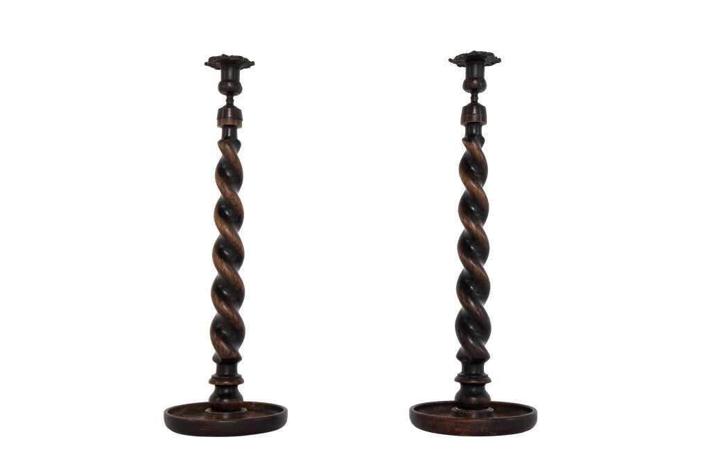 Oak And Brass Barley Twist Candlesticks, England 19th Century Default
