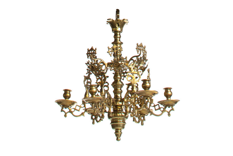 Brass Baroque Fretwork Gallery And  Deer Motif Six Light Chandel