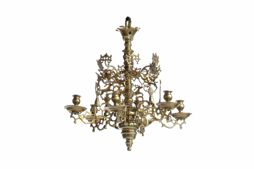 Brass Baroque Fretwork Gallery And  Deer Motif Six Light Chandel Default