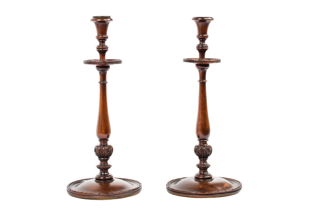 Oak Turned Wood Candlesticks, England 19th Century Default
