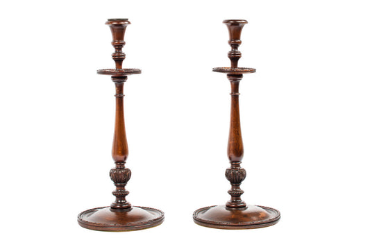 Oak Turned Wood Candlesticks, England 19th Century Default