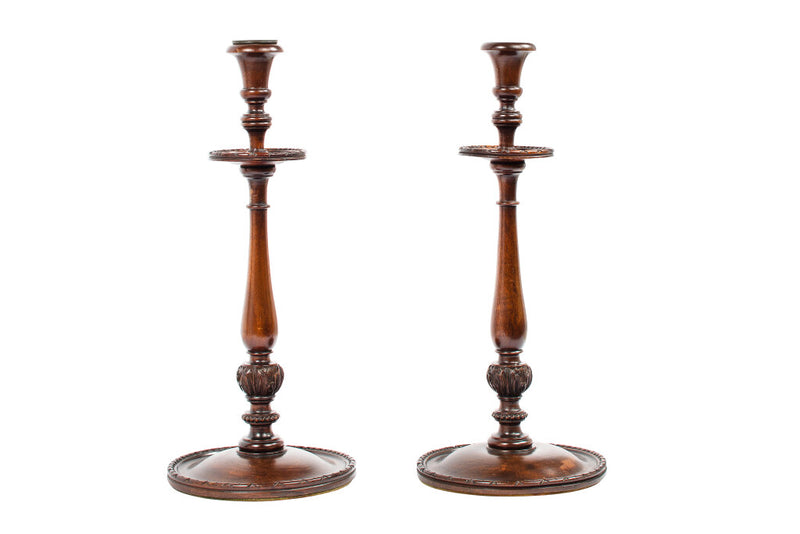 Oak Turned Wood Candlesticks, England 19th Century