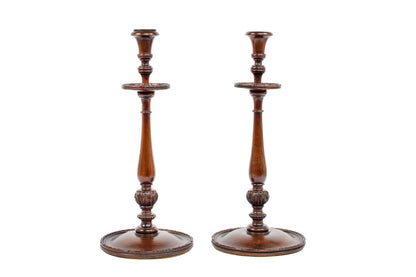 Oak Turned Wood Candlesticks, England 19th Century Default