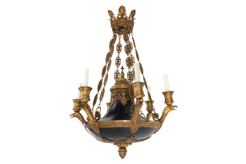 Gilt Bronze And Tole Empire Style Six Light Eagle Motif Arm Chan