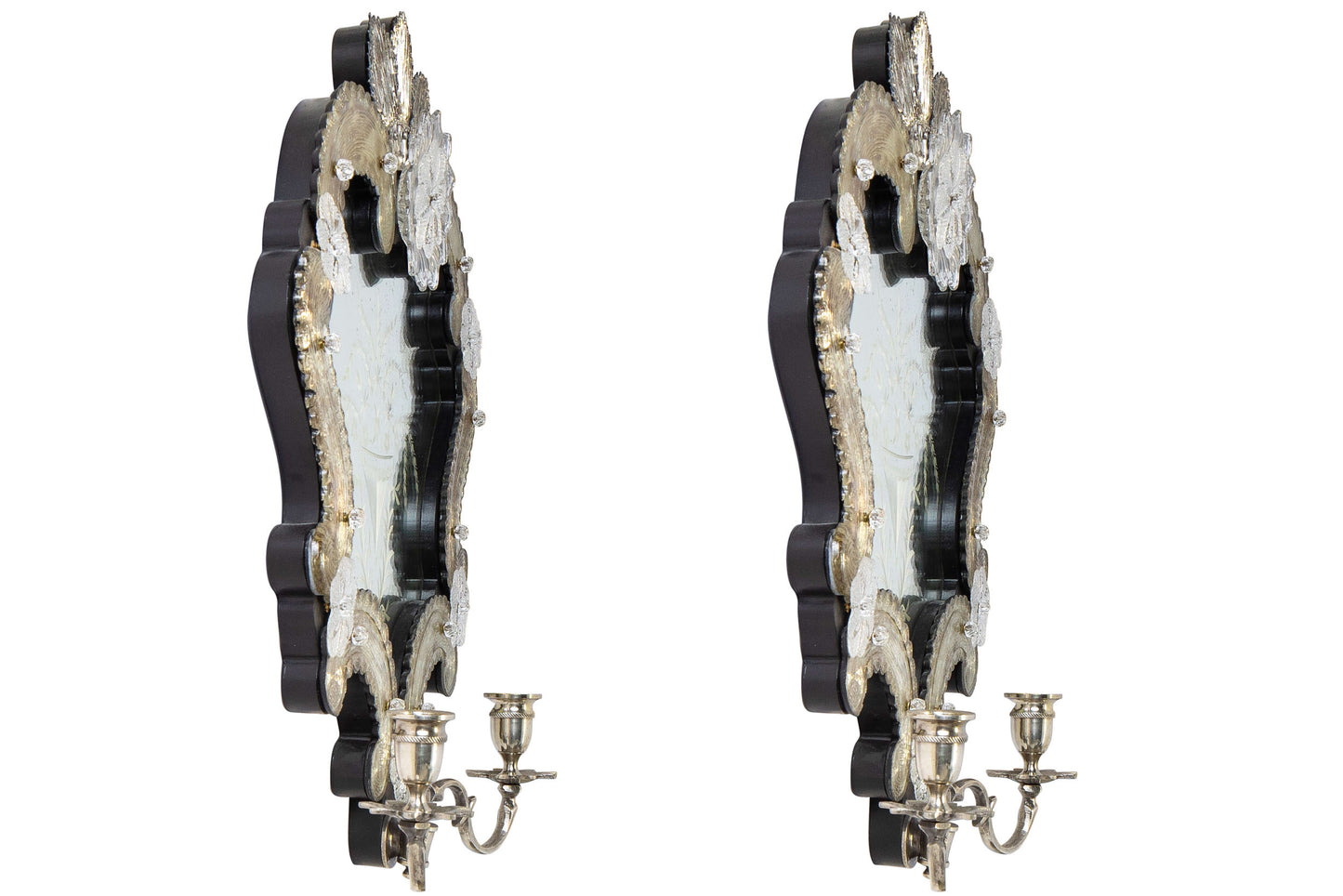 Venetian Mirrored And Silver Two Light Sconces, Italy 20th Century