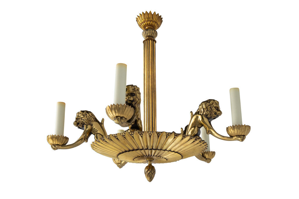 Gilt Bronze Lion Motif Six Light Chandelier With Gadrooned Botto Default