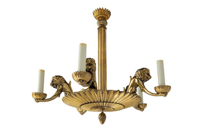 Gilt Bronze Lion Motif Six Light Chandelier With Gadrooned Botto Default