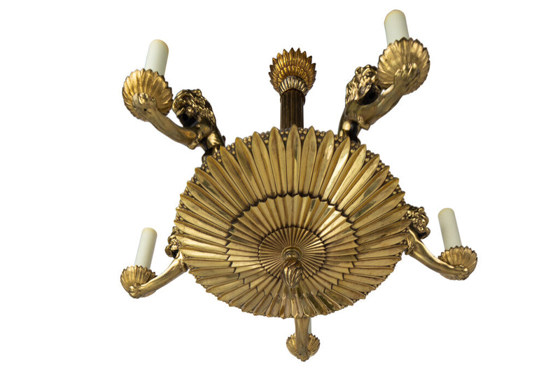 Gilt Bronze Lion Motif Six Light Chandelier With Gadrooned Botto