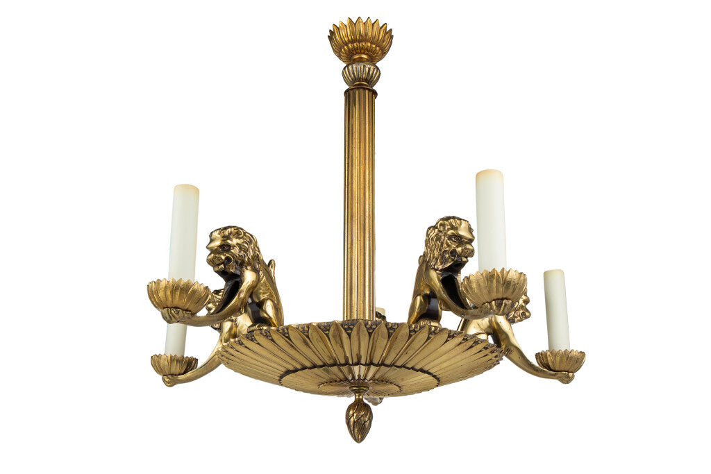 Gilt Bronze Lion Motif Six Light Chandelier With Gadrooned Botto Default