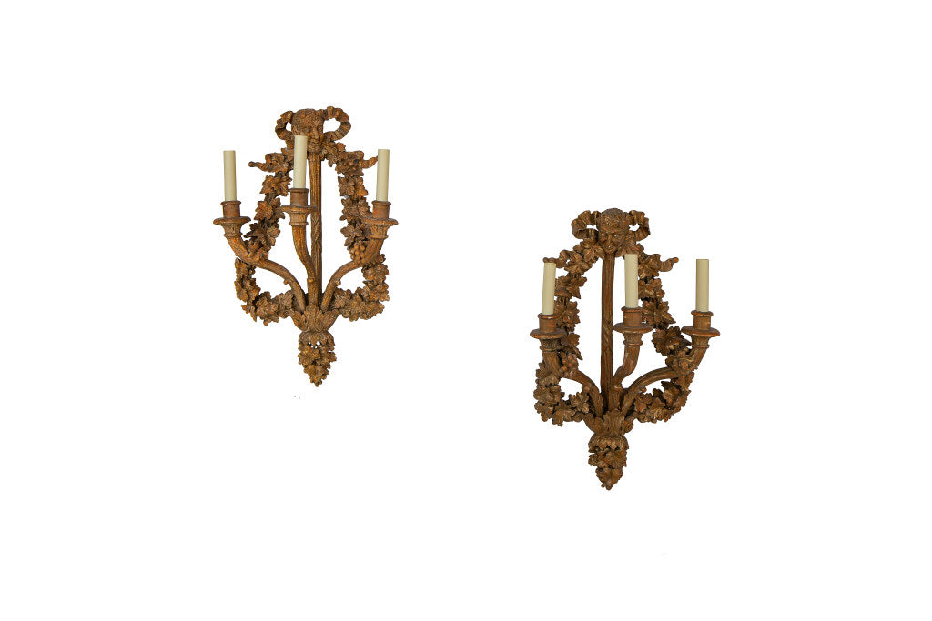 Hand Carved Wood Three Light Sconces With Foliage And Mask Decor Default