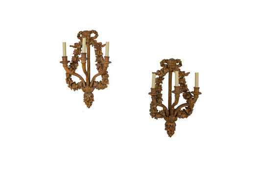 Hand Carved Wood Three Light Sconces With Foliage And Mask Decor Default