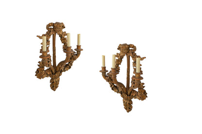 Hand Carved Wood Three Light Sconces With Foliage And Mask Decor Default