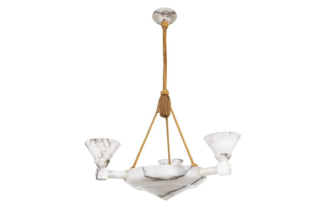 Hand Carved Alabaster Three Arm Six Light  Chandelier, Sweden Ci Default