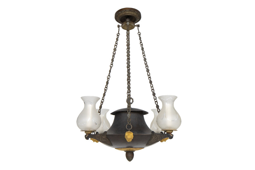 Gilt Bronze, Tole And Frosted Glass Four Light Argand Chandelier Default