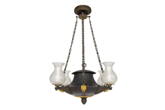 Gilt Bronze, Tole And Frosted Glass Four Light Argand Chandelier Default