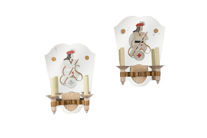 Hand Painted Two Light Mirrored Back, Brass And Wood  Sconces Wi Default