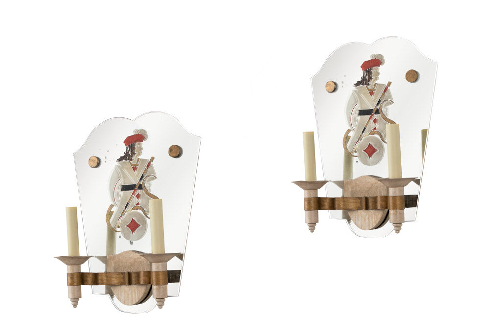 Hand Painted Two Light Mirrored Back, Brass And Wood  Sconces Wi Default