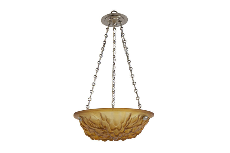 Molded Glass  Amber Colored Art Deco Three Light  Pendant With G