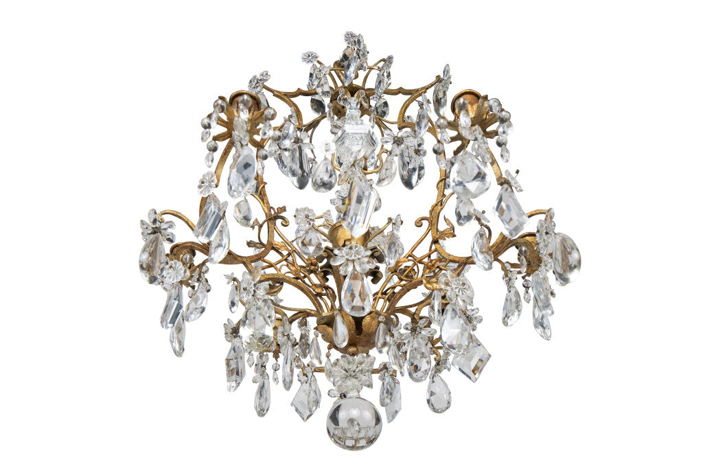 Gilt Iron And Crystal Center Floral Motif Six Light Chandelier Default