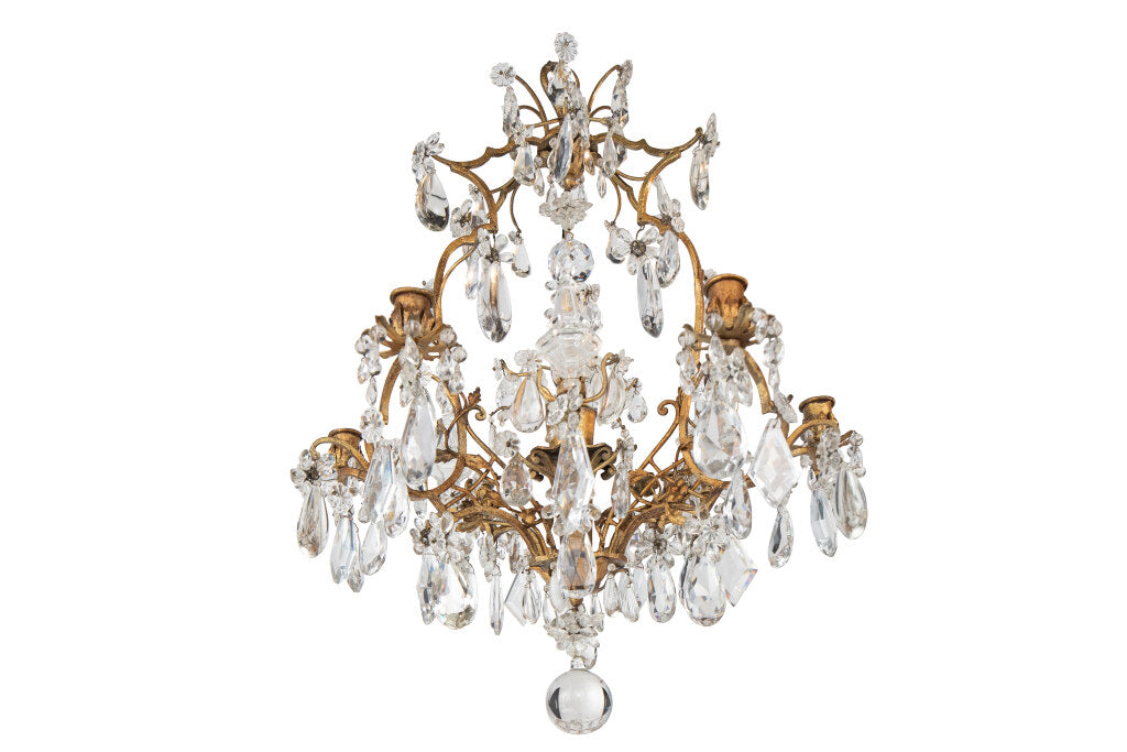 Gilt Iron And Crystal Center Floral Motif Six Light Chandelier Default