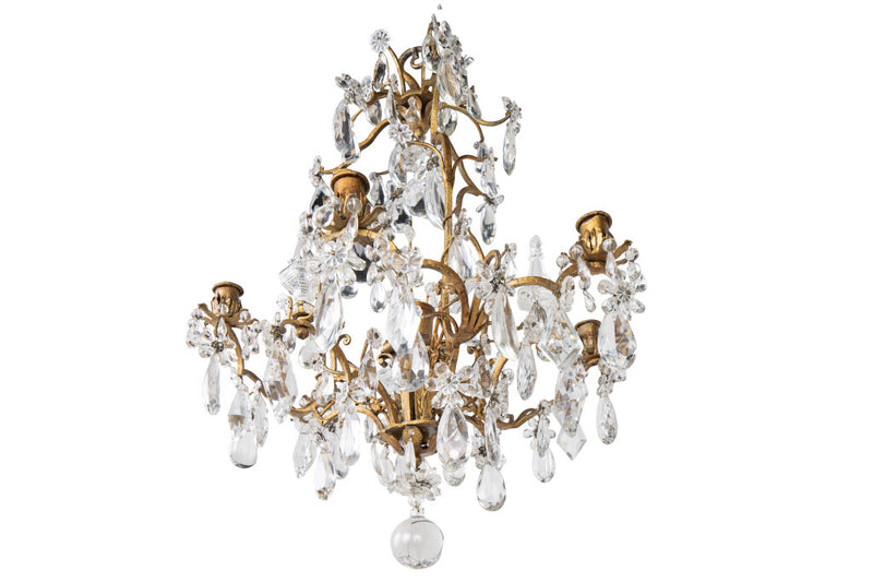 Gilt Iron And Crystal Center Floral Motif Six Light Chandelier