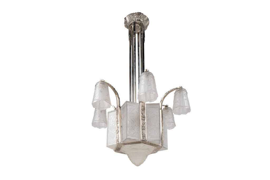 Nickeled Bronze And Molded Glass Art Deco Thirteen Light Chandel Default