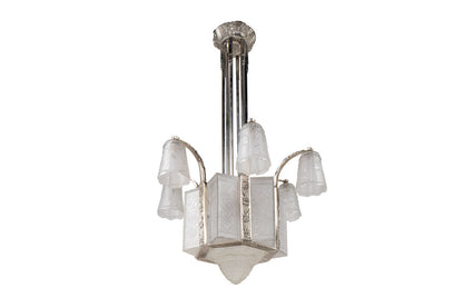 Nickeled Bronze And Molded Glass Art Deco Thirteen Light Chandel Default