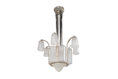 Nickeled Bronze And Molded Glass Art Deco Thirteen Light Chandel Default