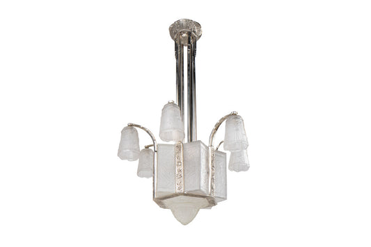 Nickeled Bronze And Molded Glass Art Deco Thirteen Light Chandel Default