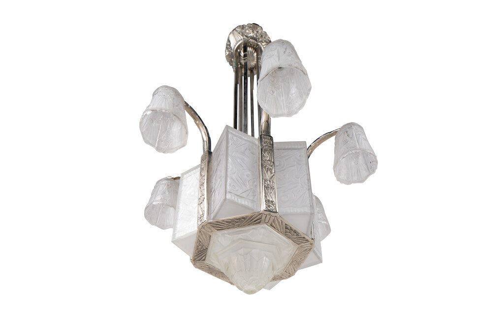 Nickeled Bronze And Molded Glass Art Deco Thirteen Light Chandel Default