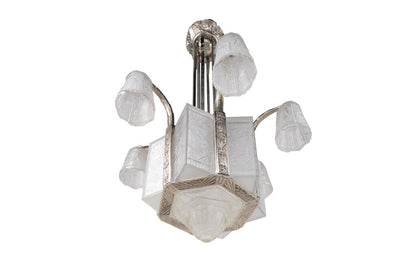 Nickeled Bronze And Molded Glass Art Deco Thirteen Light Chandel Default