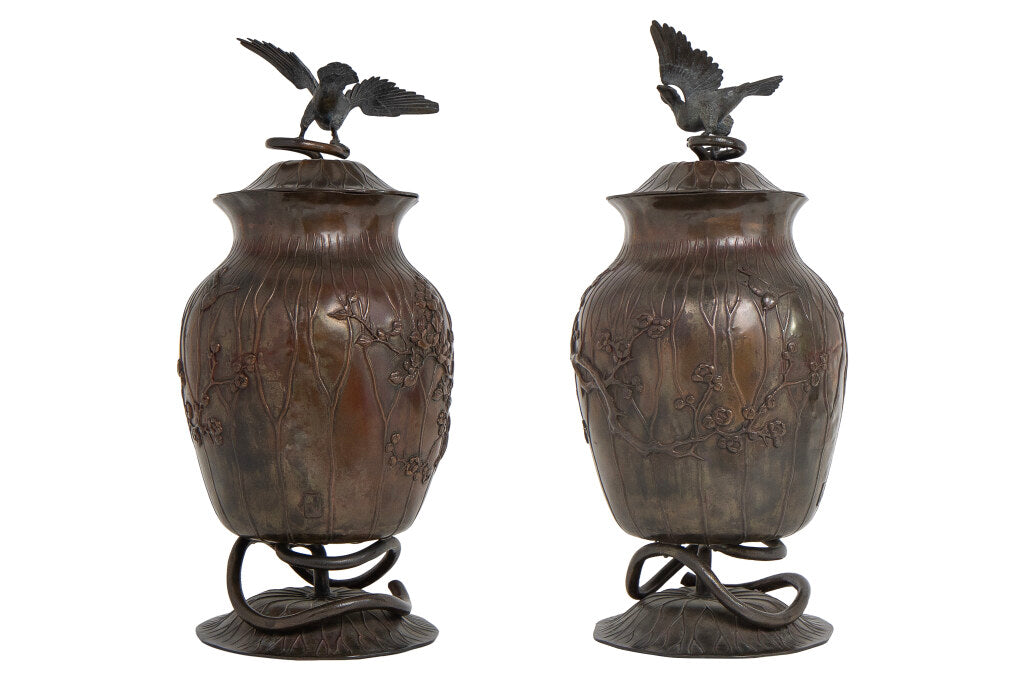 Bronze Japanese Art Nouveau Lidded Urns With Lotus and Bird Moti Default