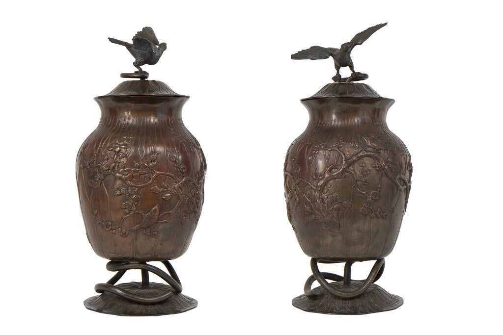 Bronze Japanese Art Nouveau Lidded Urns With Lotus and Bird Moti Default