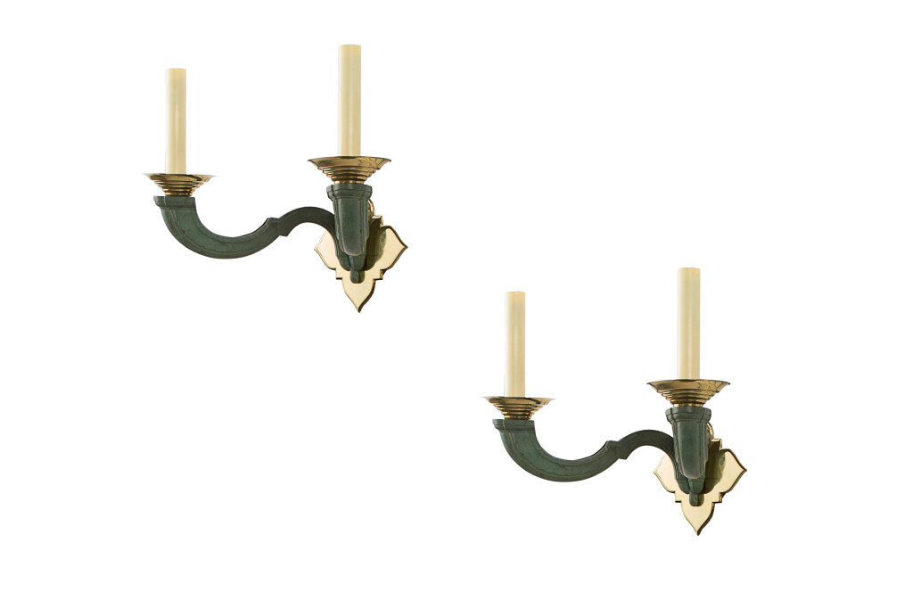 Painted Brass Two Light Art Deco Sconces, France Early 20th Cent Default