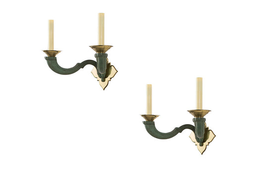 Painted Brass Two Light Art Deco Sconces, France Early 20th Cent Default